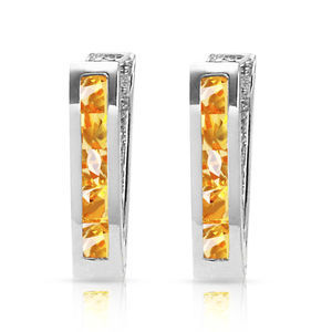 14K. SOLID GOLD OVAL HUGGIE EARRING WITH CITRINES (White Gold)